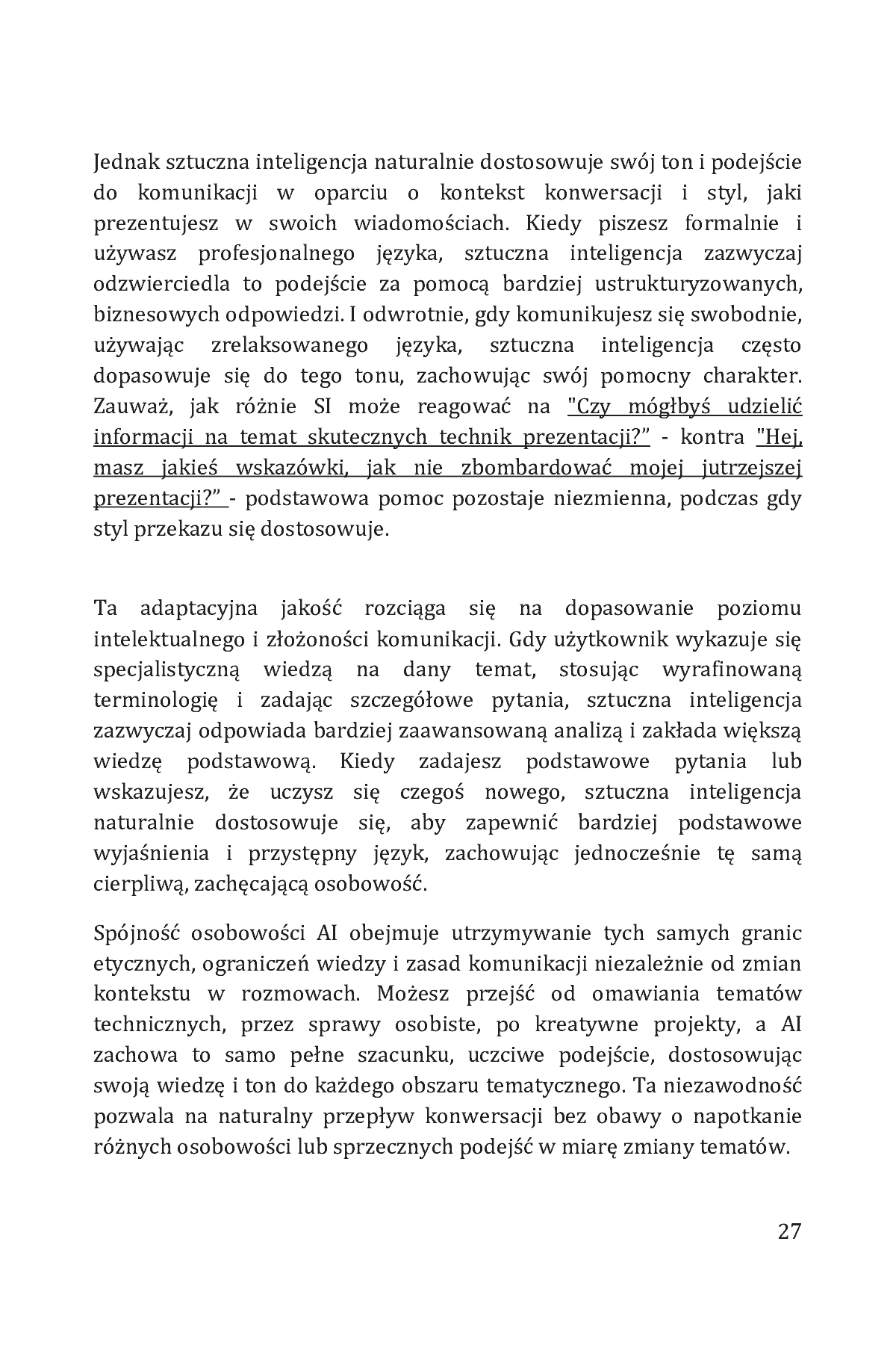 Fragment „Jak rozmawiać ze sztuczną inteligencją. Proste wskazówki, jak prowadzić rozmowy z chatbotami AI w biznesie, karierze, edukacji, nauce, programowaniu i codziennym życiu” — strona 27 z 30