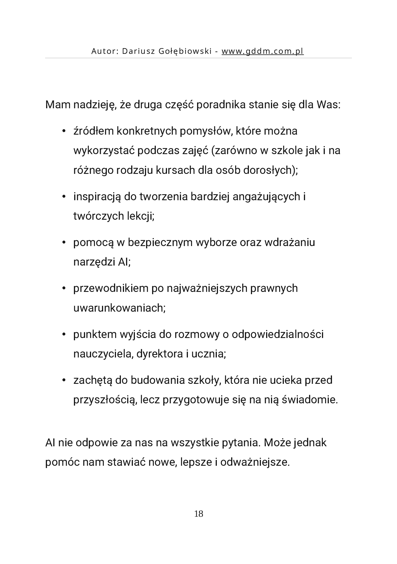 Fragment „AI W EDUKACJI CZĘŚĆ 2 PRAKTYCZNE POMYSŁY PRAWNE UWARUNKOWANIA dla edukatorów i edukatorek” — strona 18 z 30