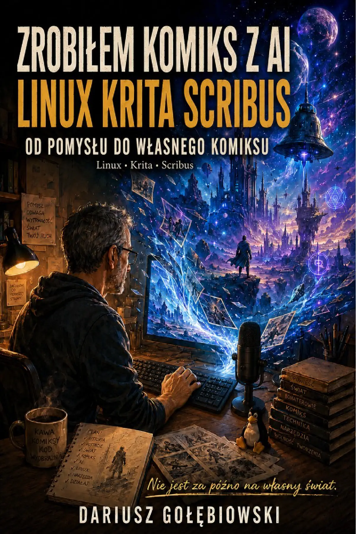 Fragment „ZROBIŁEM KOMIKS Z AI I BEZPŁATNYMI PROGRAMAMI. Od pomysłu, przez AI, Kritę i Scribusa, do własnego komiksu” — strona 1 z 30