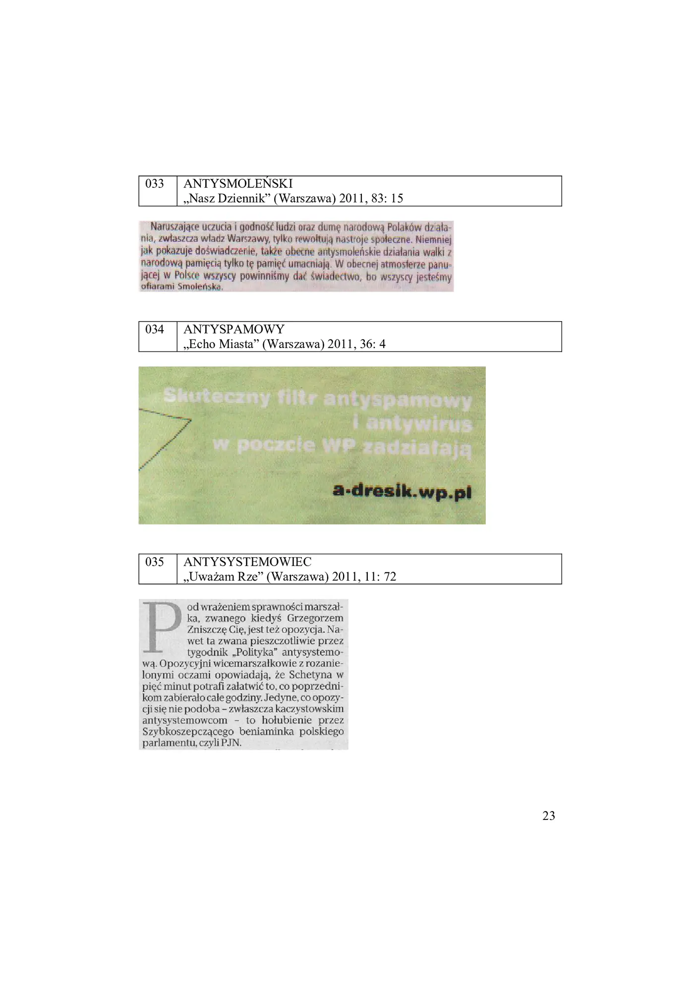 Fragment „W poszukiwaniu nowego słownictwa polskiego Materiały z prasy lat 2011-2013 fotodokumentacja” — strona 23 z 30