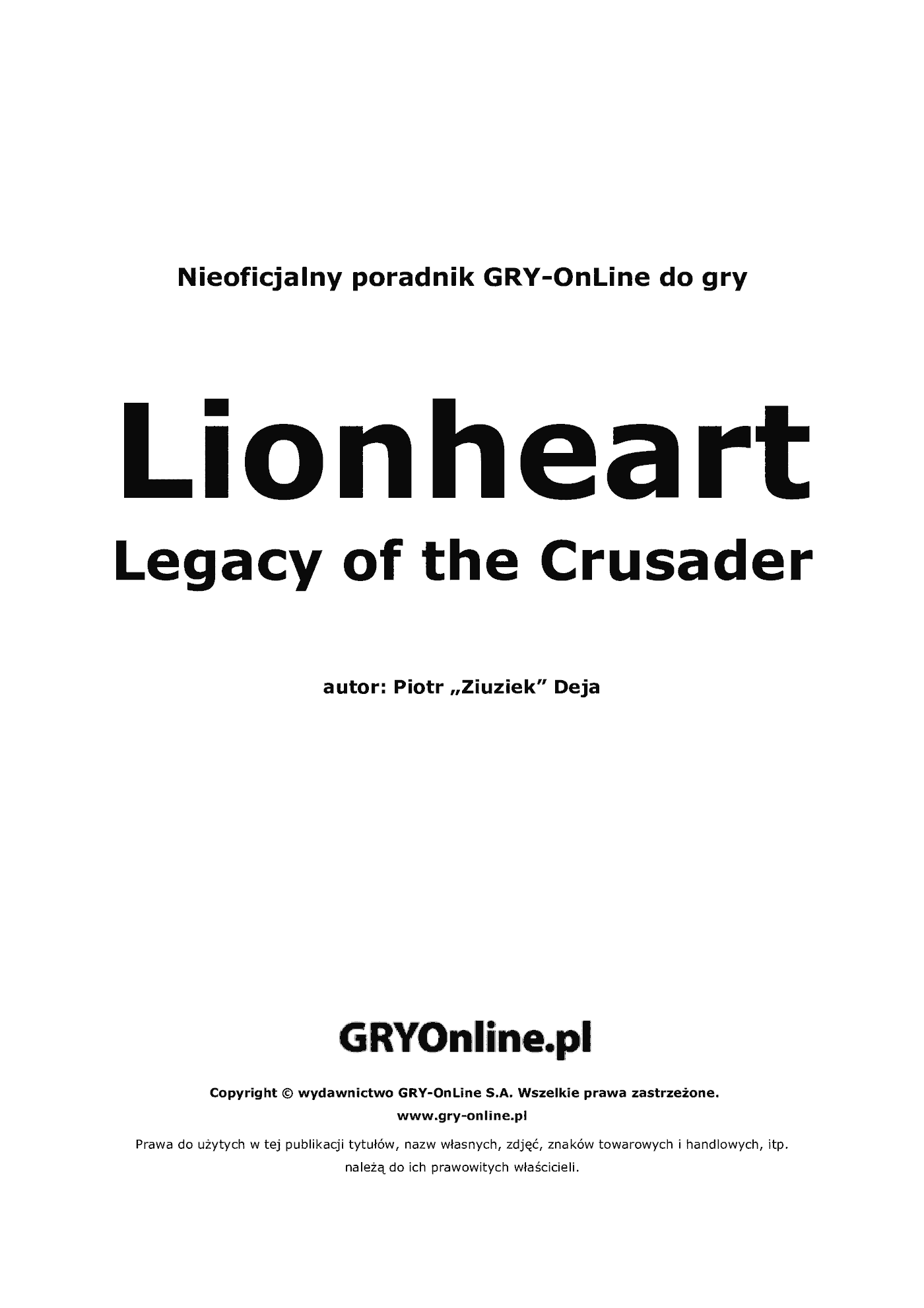 Fragment „Lionheart: Legacy of the Crusader - poradnik do gry” — strona 2 z 8
