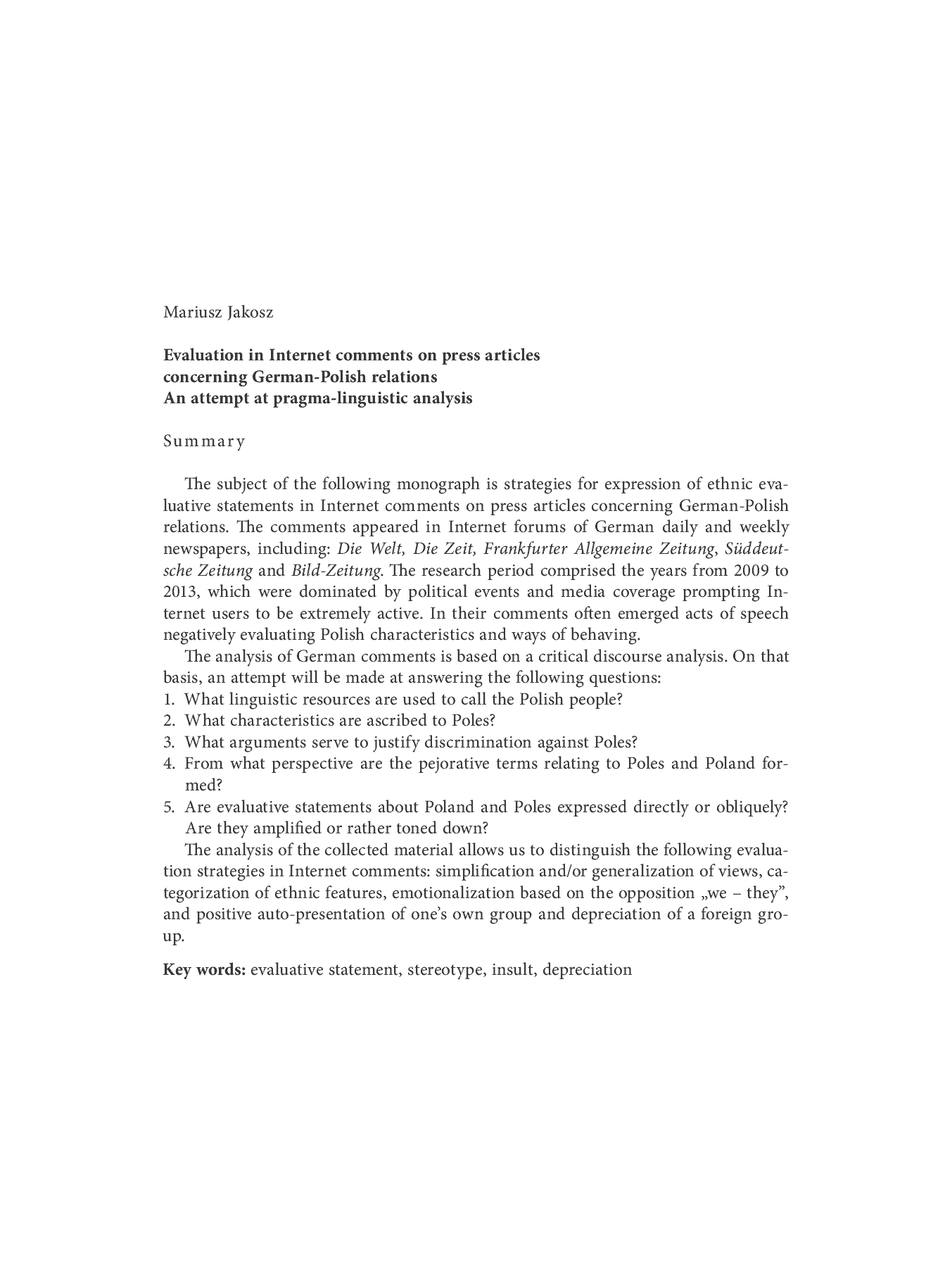 Fragment „Wartościowanie w internetowych komentarzach do artykułów prasowych dotyczących stosunków niemiecko-polskich. Próba analizy pragmalingwistycznej” — strona 12 z 15