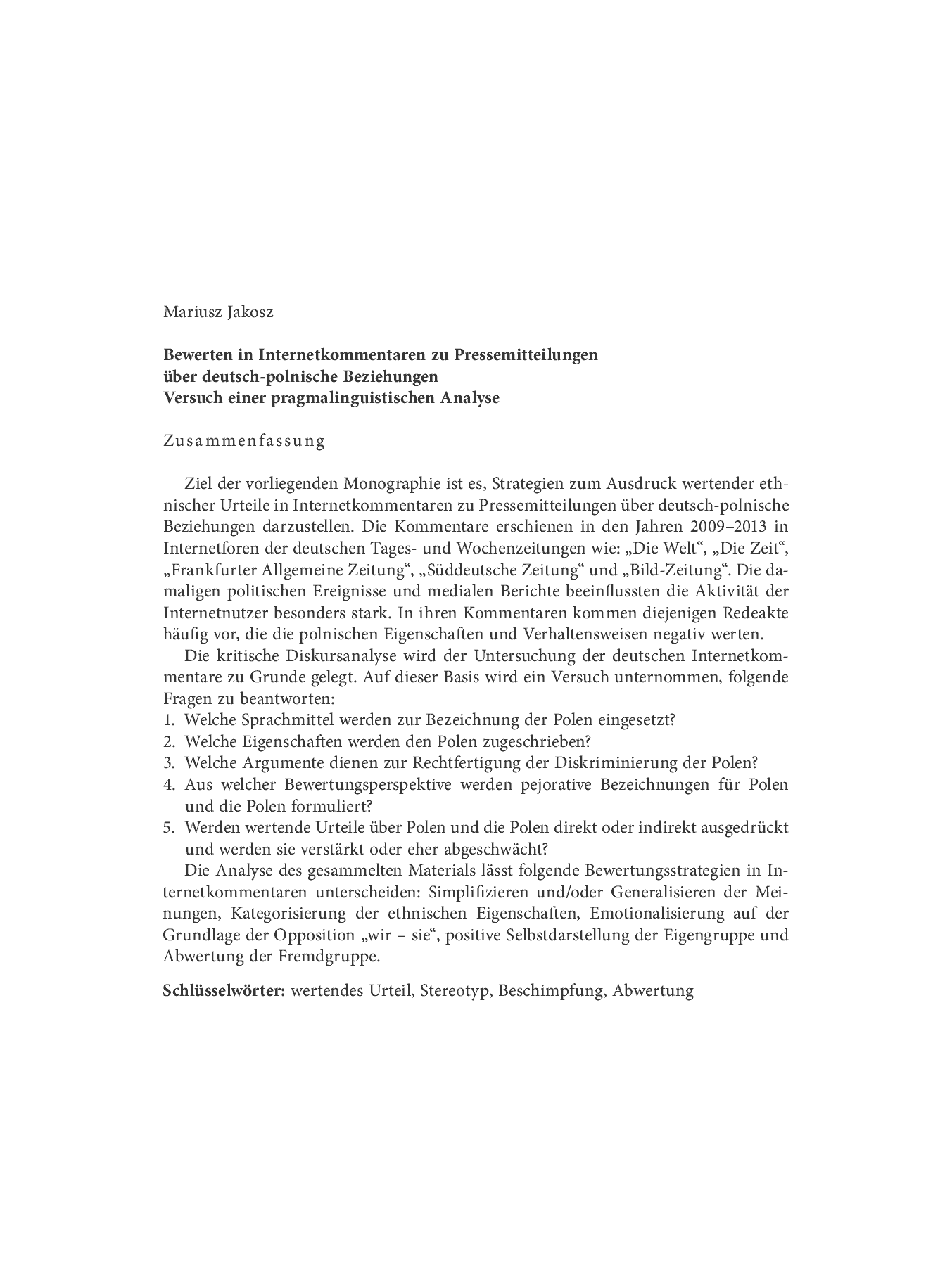 Fragment „Wartościowanie w internetowych komentarzach do artykułów prasowych dotyczących stosunków niemiecko-polskich. Próba analizy pragmalingwistycznej” — strona 13 z 15