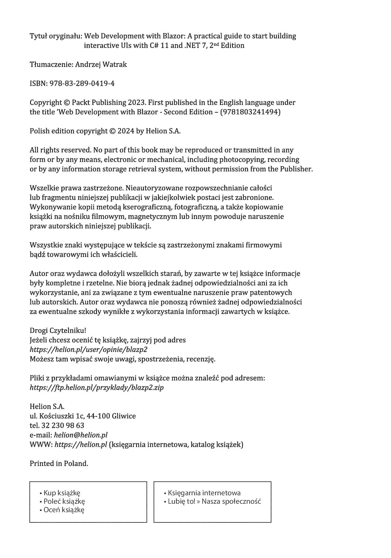 Fragment „Platforma Blazor. Praktyczny przewodnik. Jak tworzyć interaktywne aplikacje internetowe z C# i .NET 7. Wydanie II” — strona 2 z 30