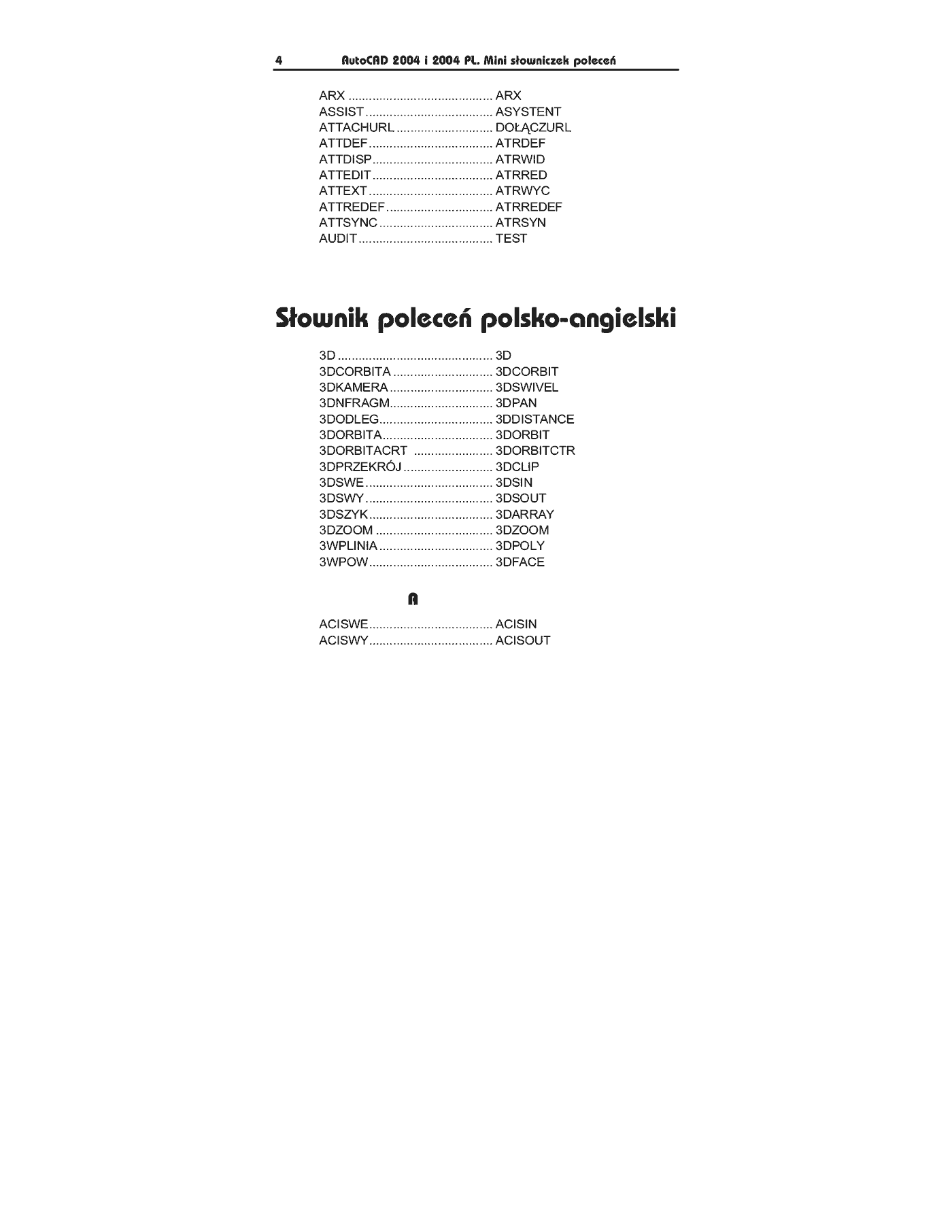 Fragment „AutoCAD 2004 i 2004 PL. Minisłowniczek poleceń: angielsko-polski i polsko-angielski” — strona 4 z 6