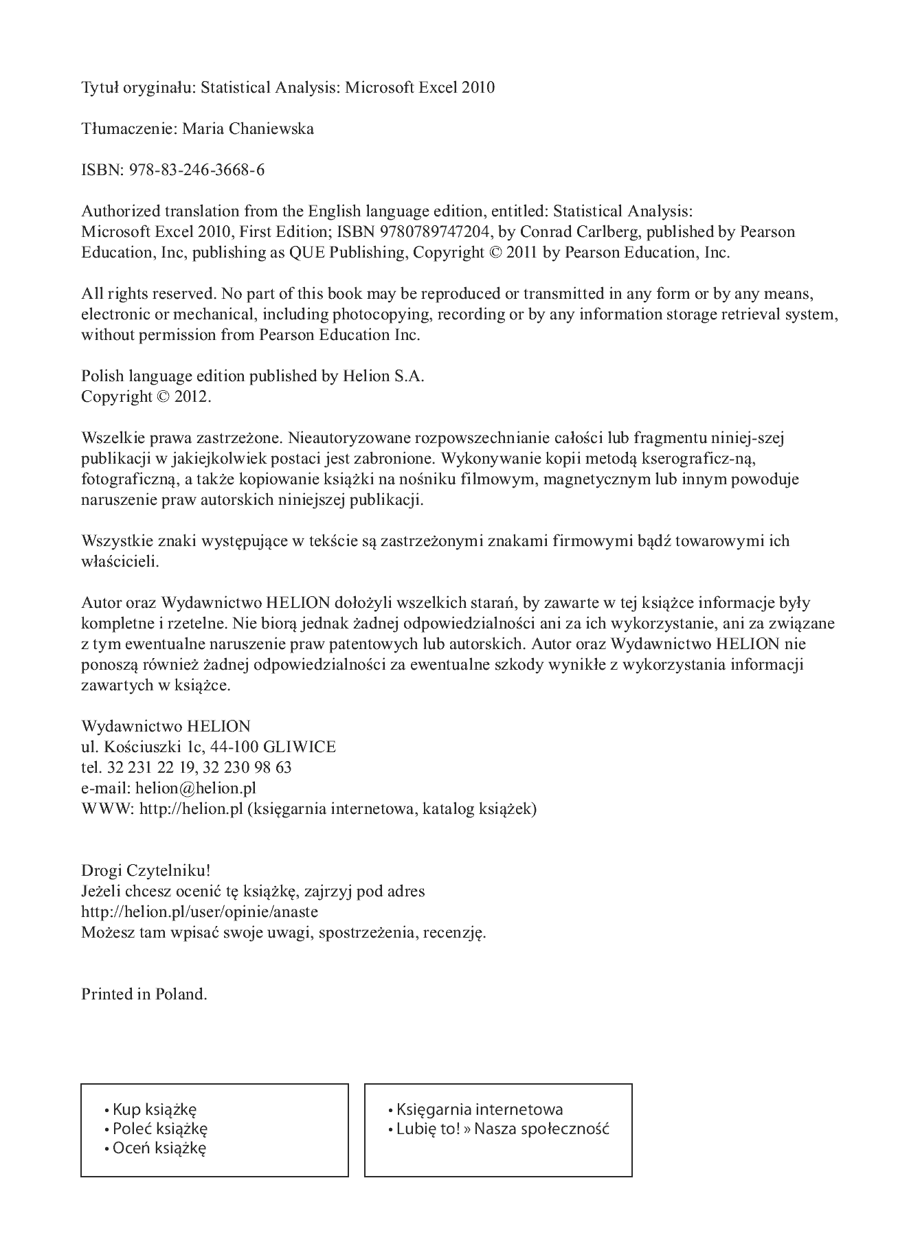 Fragment „Analiza statystyczna. Microsoft Excel 2010 PL” — strona 2 z 50
