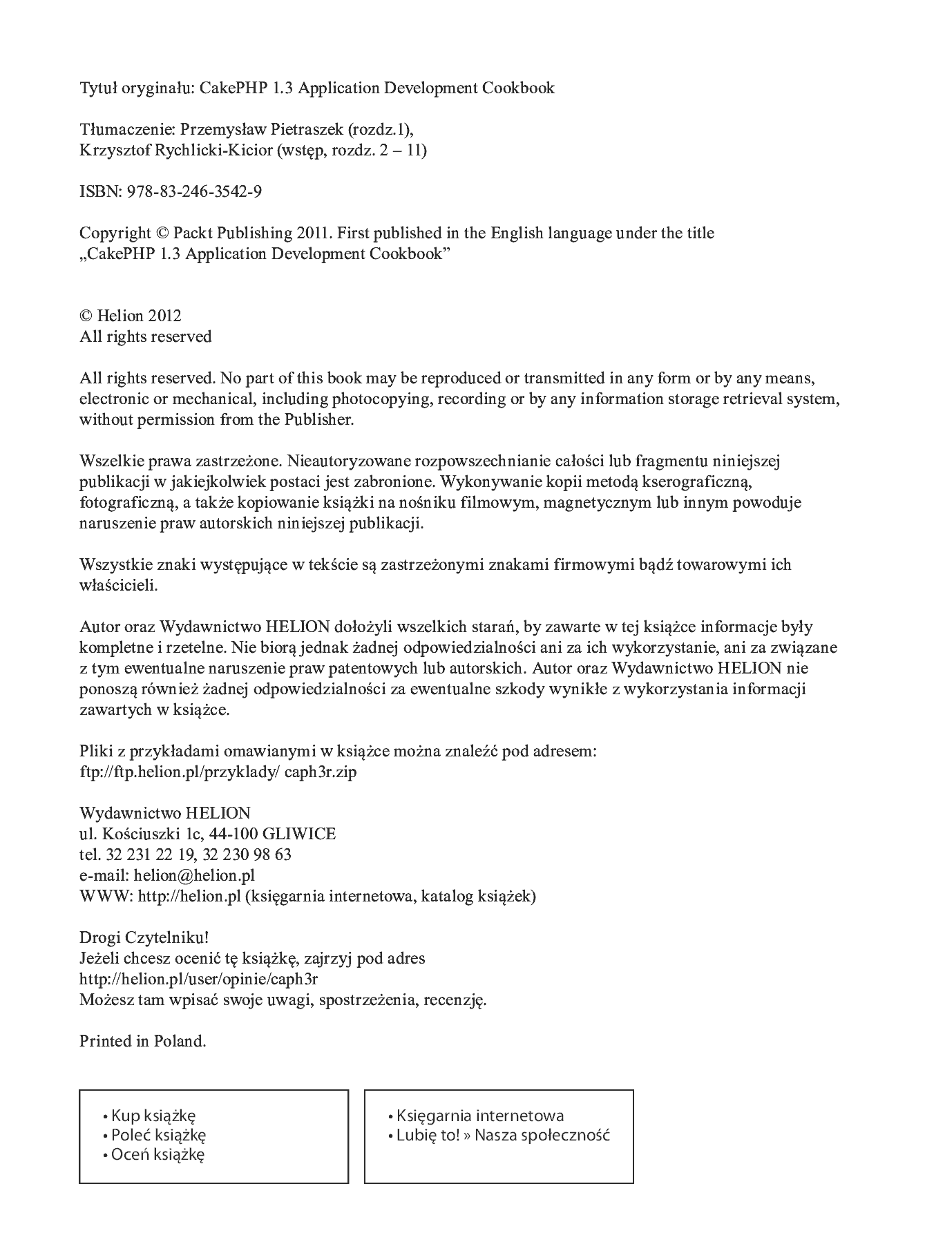 Fragment „CakePHP 1.3. Programowanie aplikacji. Receptury” — strona 2 z 35