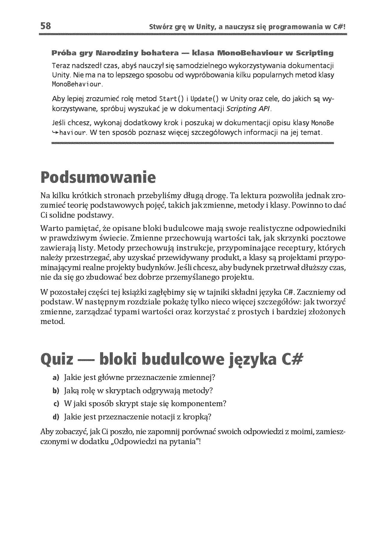 Fragment „Stwórz grę w Unity, a nauczysz się programowania w C#! Pisanie kodu, które sprawia radość. Wydanie VIII” — strona 30 z 30